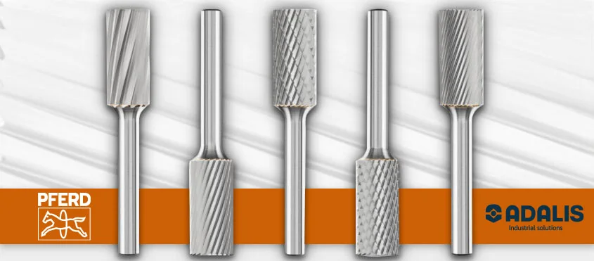 Set of five cylindrical rotary burrs with varied cutting patterns, displayed on a branded Adalis and Pferd background.
