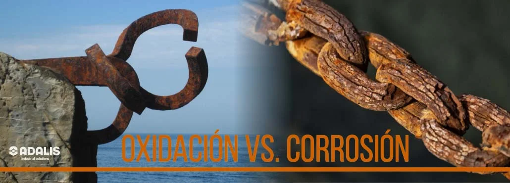 Gancho oxidado y cadena corroída que ilustran la oxidación frente a la corrosión