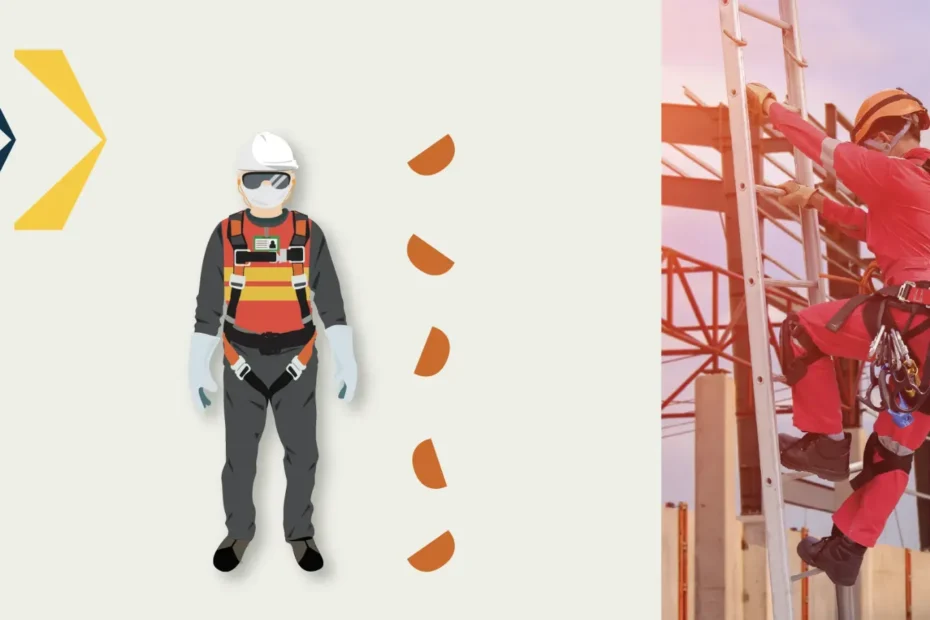 Trabalhador a subir uma escada com um arnês de segurança industrial