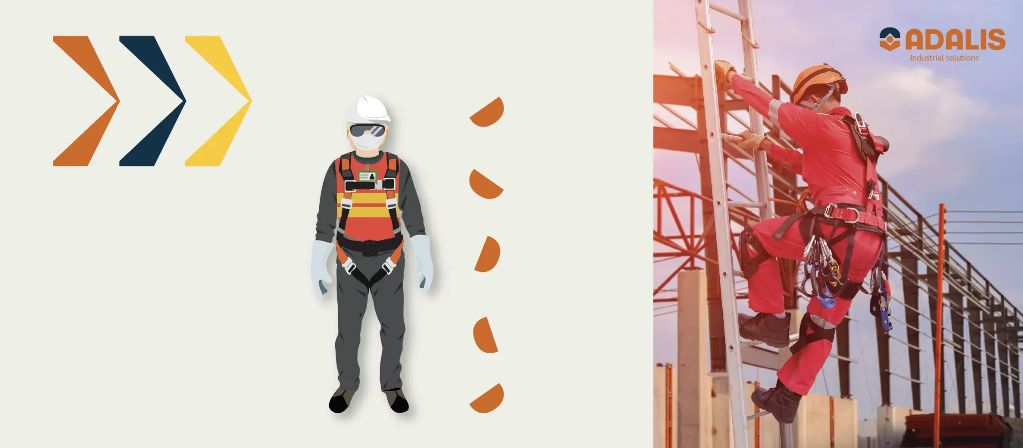 Trabajador subiendo escalera con arnés de seguridad industrial