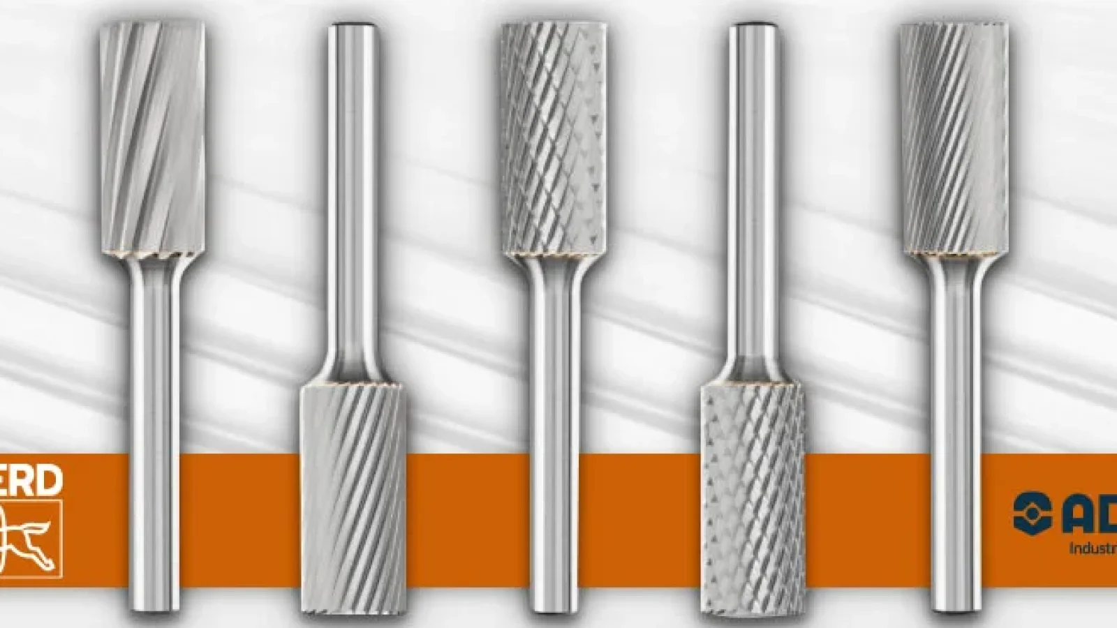 Set of five cylindrical rotary burrs with varied cutting patterns, displayed on a branded Adalis and Pferd background.